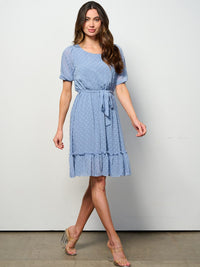 WOMEN'S SHORT SLEEVE SELF TIE SWISS DETAILED MINI DRESS
