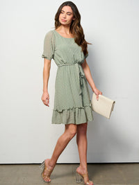 WOMEN'S SHORT SLEEVE SELF TIE SWISS DETAILED MINI DRESS