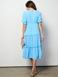 WOMEN'S SHORT SLEEVE ELASTIC WAIST TIERED MIDI DRESS