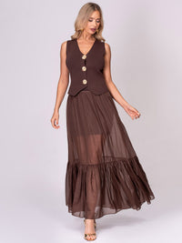 WOMEN'S SLEEVELESS BLOUSE & ELASTIC WAIST MAXI SKIRT CONTRAST 2PC. SET