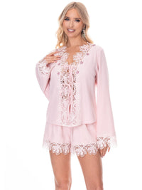 WOMEN'S LONG SLEEVE BLOUSE & ELASTIC WAIST SHORTS CROCHET FLORAL 2PC. SET