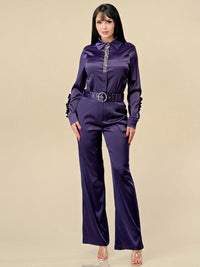 WOMEN'S LONG SLEEVE BLOUSE & WIDE LEG PANTS STUDS SATIN 2PC. SET