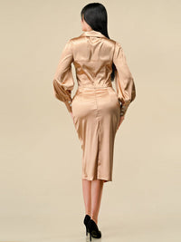 WOMEN'S LONG SLEEVE BLOUSE & FRONT SLIT MIDI SKIRT SATIN 2PC. SET