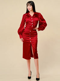 WOMEN'S LONG SLEEVE BLOUSE & FRONT SLIT MIDI SKIRT SATIN 2PC. SET