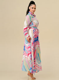 WOMEN'S LONG SLEEVE BLOUSE & ZIP UP PLEATED MAXI SKIRT MULTI PRINT 2PC. SET