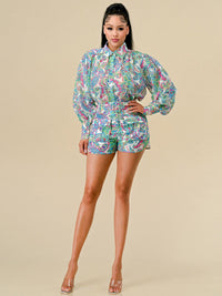 WOMEN'S LONG SLEEVE BLOUSE & MINI SHORTS MULTI PRINT 2PC. SET