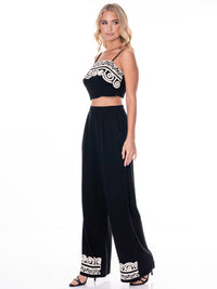 WOMEN'S SLEEVELESS TOP & WIDE LEG PANTS EMBROIDERY DETAILED 2PC. SET