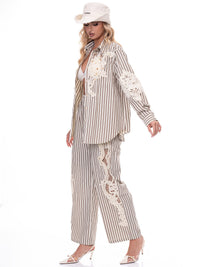 WOMEN'S LONG SLEEVE TOP & WIDE LEG PANTS EMBROIDERY CROCHET STRIPES 2PC. SET