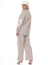 WOMEN'S LONG SLEEVE TOP & WIDE LEG PANTS EMBROIDERY CROCHET STRIPES 2PC. SET