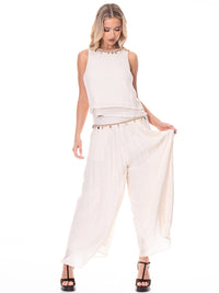 WOMEN'S SLEEVELESS TOP & WIDE LEG PANTS TRIM DETAILED 2PC. SET
