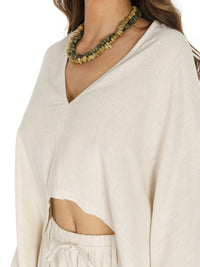 WOMEN'S LONG SLEEVE CROP TOP & WIDE LEG PANTS SOLID LINEN 2PC. SET