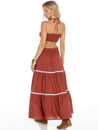 WOMEN'S SLEEVELESS CROP TOP & ELASTIC WAIST MAXI SKIRT TRIM DETAILED 2PC. SET