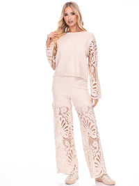 WOMEN'S LONG BELL SLEEVE PULLOVER SWEATER & ELASTIC WAIST PANTS CROCHET 2PC. SET