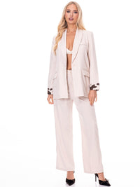WOMEN'S LONG SLEEVE BLAZER & BUTTON CLOSURE PANTS ANIMAL PRINT CONTRAST 2PC. SET