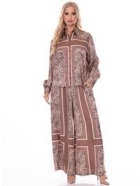 WOMEN'S LONG SLEEVE BUTTON UP BLOUSE & ELASTIC WAIST WIDE LEG PANTS ANIMAL PRINT 2PC. SET