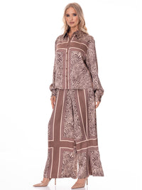 WOMEN'S LONG SLEEVE BUTTON UP BLOUSE & ELASTIC WAIST WIDE LEG PANTS ANIMAL PRINT 2PC. SET