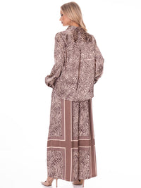 WOMEN'S LONG SLEEVE BUTTON UP BLOUSE & ELASTIC WAIST WIDE LEG PANTS ANIMAL PRINT 2PC. SET