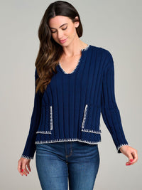 WOMEN'S LONG SLEEVE V-NECK FRONT POCKETS RIBBED PULLOVER SWEATER
