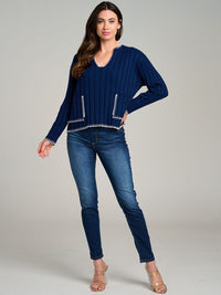 WOMEN'S LONG SLEEVE V-NECK FRONT POCKETS RIBBED PULLOVER SWEATER