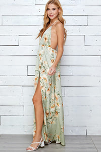 WOMEN'S SLEEVELESS V-NECK SURPLICE OPEN BACK FLORAL PRINT MAXI DRESS