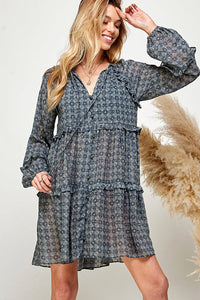WOMEN'S LONG SLEEVE V-NECK BUTTON UP TIERED MINI DRESS