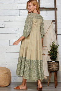WOMEN'S 3/4 SLEEVE V-NECK BUTTON UP TIERED CROCHET DETAILED MAXI DRESS