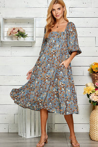 WOMEN'S 3/4 SLEEVES SQUARE NECK FRONT POCKETS FLORAL MIDI DRESS
