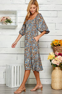 WOMEN'S 3/4 SLEEVES SQUARE NECK FRONT POCKETS FLORAL MIDI DRESS