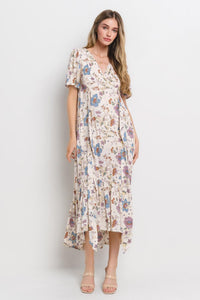 WOMEN'S SHORT SLEEVE V-NECK SELF TIE FLORAL PRINT MAXI DRESS