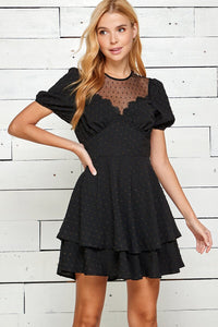 WOMEN'S SHORT SLEEVE MESH NECK OPEN BACK SWISS DOTS MINI DRESS