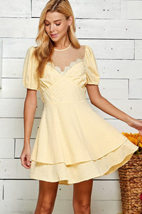 WOMEN'S SHORT SLEEVE MESH NECK OPEN BACK SWISS DOTS MINI DRESS