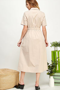 WOMEN'S SHORT SLEEVE BUTTON UP FRONT POCKETS MIDI DRESS