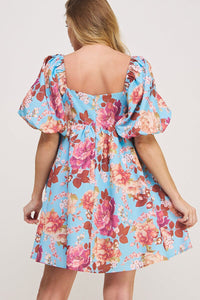 WOMEN'S SHORT PUFF SLEEVE SQUARE NECK BUBBLE BOTTOM HEM FLORAL MINI DRESS