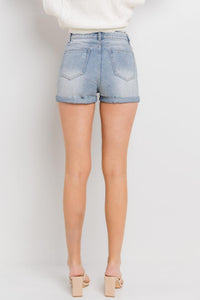 WOMEN'S BUTTON CLOSURE POCKETS DISTRESS DENIM MINI SHORTS