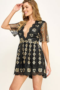 WOMEN'S SHORT SLEEVE V-NECK EMBROIDERY MESH ROMPER