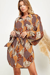 WOMEN'S LONG SLEEVE BUTTON UP FRONT POCKET SELF TIE MULTI PRINT MINI DRESS