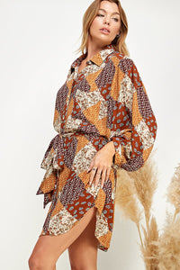 WOMEN'S LONG SLEEVE BUTTON UP FRONT POCKET SELF TIE MULTI PRINT MINI DRESS