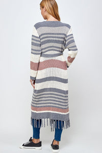 WOMEN'S LONG SLEEVE OPEN FRONT SELF TIE COLORBLOCK KNIT CARDIGAN