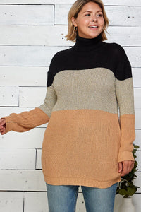 PLUS SIZE LONG SLEEVE TURTLE NECK COLORBLOCK PULLOVER KNIT SWEATER