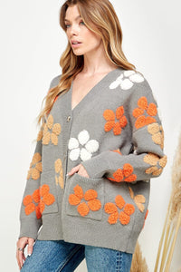 WOMEN'S LONG SLEEVE BUTTON UP FRONT POCKET FLORAL CARDIGAN