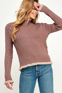 WOMEN'S LONG SLEEVE MOCK NECK RIBBED SWEATER TOP