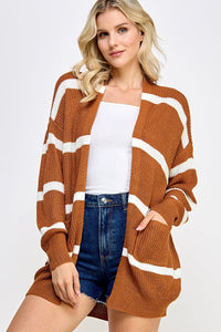 WOMEN'S LONG SLEEVE BUTTON UP FRONT POCKET COLORBLOCK STRIPES CARDIGAN