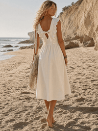 WOMEN'S SLEEVELESS RUFFLE POCKETS OPEN BACK BOW DENIM MAXI DRESS