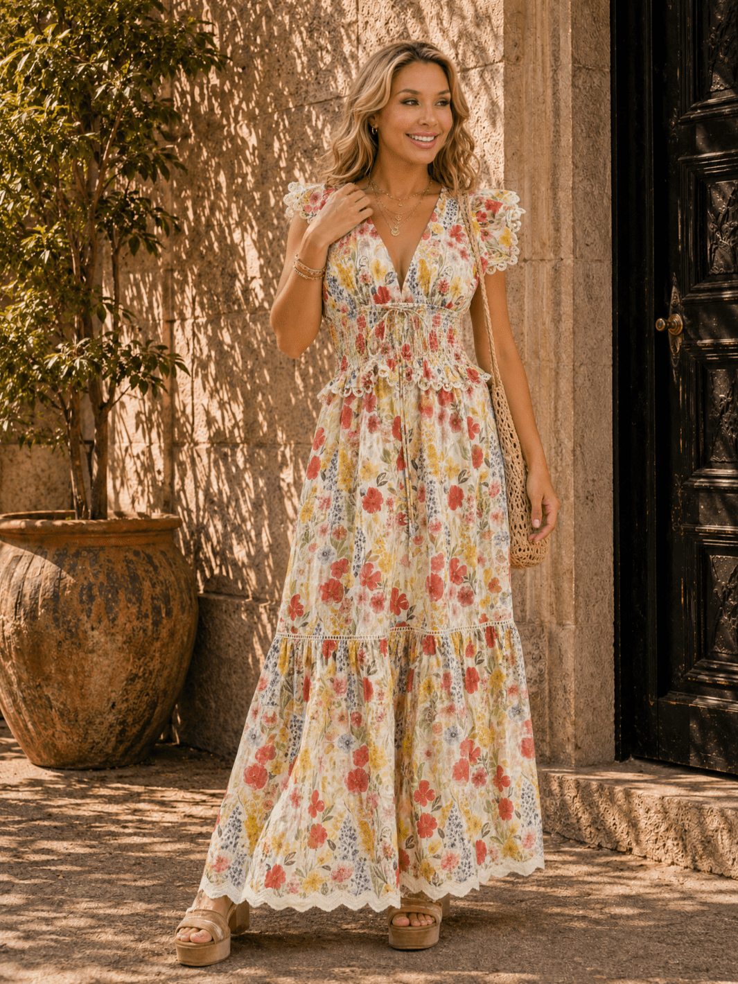 smock maxi dress with sleeves WOMEN'S RUFFLE SLEEVE V-NECK TIERED EYELET FLORAL Blue Round Neck Tulle Color:Red/Coral Chiffon fabric for a Resort Evening Dress