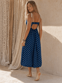 WOMEN'S SLEEVELESS SQUARE NECK POCKETS OPEN BACK POLKA DOTS MAXI DRESS