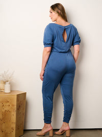 WOMEN'S SHORT SLEEVE ELASTIC WAIST POCKETS JUMPSUIT