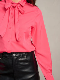 WOMEN'S LONG SLEEVE BUTTON UP NECK TIE BLOUSE TOP