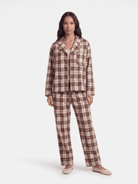 WOMEN'S LONG SLEEVE BUTTON UP SHIRT & ELASTIC WAIST STRAIGHT LEG PANTS PLAID 2PC. SET