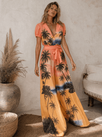 WOMEN'S SHORT SLEEVE BUTTON UP SELF TIE ELASTIC WAIST WIDE LEG MULTI PRINT JUMPSUIT