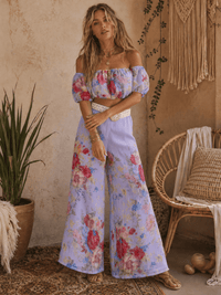 WOMEN'S OFF SHOULDER CROP TOP & ZIP UP BELTED WIDE LEG PANTS FLORAL 2PC. SET